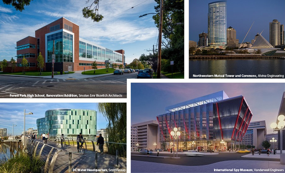 Collage of the 2019 AEI PPA Winners; From top left to bottom right: Forest Park High School Renovation/Addition, Smolen Emr Ilkovitch Architects; Northwestern Mutual Tower and Commons, Alvine Engineering; DC Water Headquarters, SmithGroup; International Spy Museum, Vanderweil Engineers
